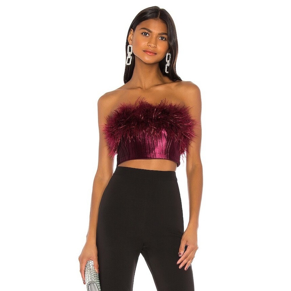 NBD Zacari Top Burgundy‎ Feather Trim Pleated Metallic Crop Top Women Small